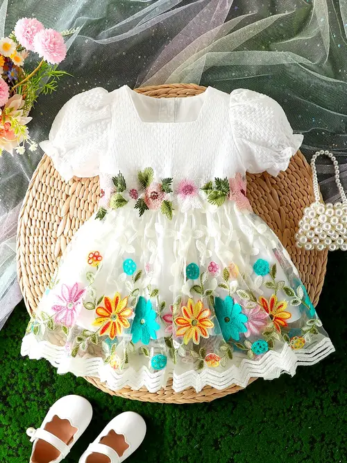 Infant & Toddler's Elegant Floral Embroidered Mesh Dress, Square Neck…