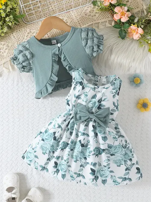 Girls' Sweet Romantic Print Dress Set with Large Bow and Short Sleeve…
