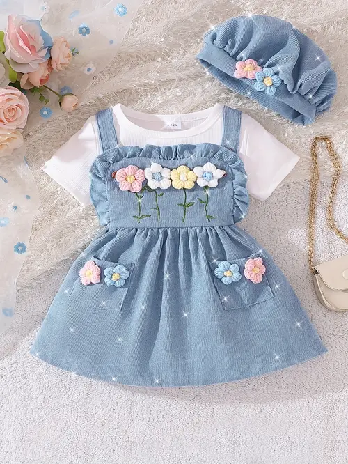 3pcs Girls Solid Color Ribbed Texture Short Sleeve T-shirt and Cordur…
