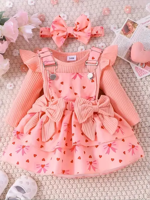 Girls' Pink Top + Bow Heart Camisole Dress + Hair Accessory Set P1016…
