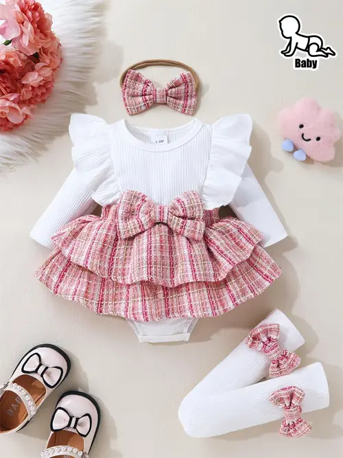3pcs Baby Girl Outfit Set - Casual Style Geometric-Patterned Knit Fab…