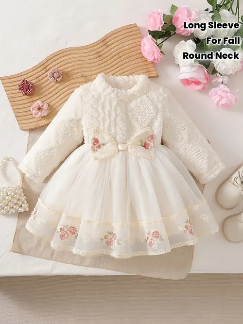 Baby Girl'S Winter Dress with Floral Embroidery & Bow Detail - Soft F…