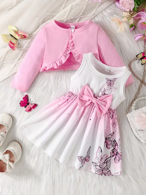 2pcs ' Winter Dress & Bow Blouse Set - 2pcs Outfit with Ruffled Long…