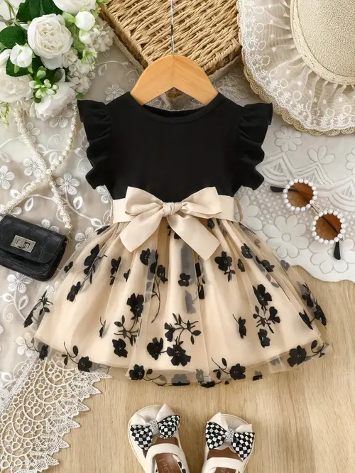 Adorable Black Floral Mesh Dress with Ruffled Sleeves & Beige Tulle S…