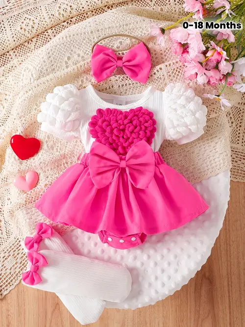 Girls' Bubble Sleeve Heart Embroidery Bow Decor Dress with Headband a…