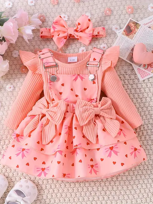 Baby Girl's Smock Dress & Headpiece Set - Long Sleeve Ruffled Short S…