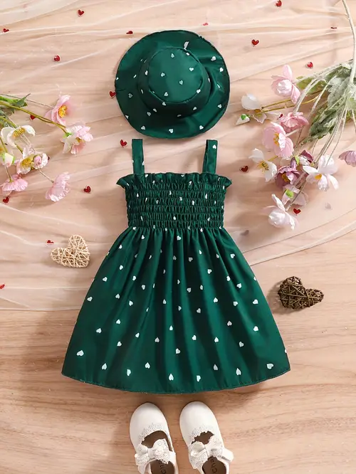 0-3 Years Summer Two-Piece Set New Girls' Heart Print Top Dress + Hat…