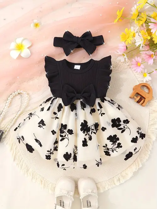 2pcs Soft and Comfortable Cute Girls' Bow-Decorated Ruffle Trim Flora…