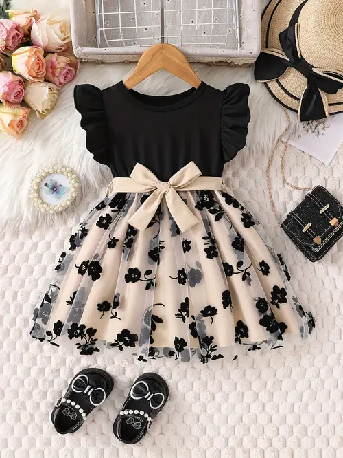 Girls' Summer Fashion Flutter Sleeve Floral Print Mesh Cute Princess…