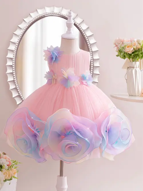 1pc Girls' Pastel Pink & Lavender Sleeveless A-Line Dress with Layere…