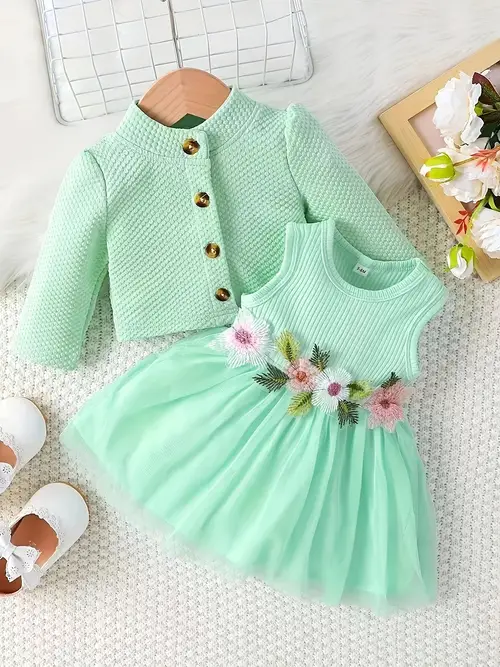 Girls' Casual Floral Dress with Long Sleeve Jacket Skirt Set