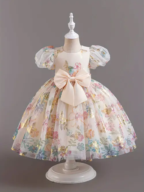 Beautiful Golden Floral Mesh Princess Dress For Girls, Perfect For We…