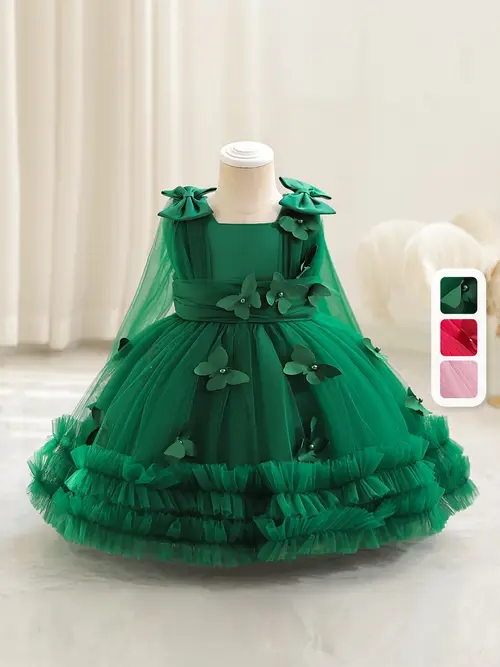 Girls' Green Tulle & Butterfly Embellished Wedding Dress with Square…