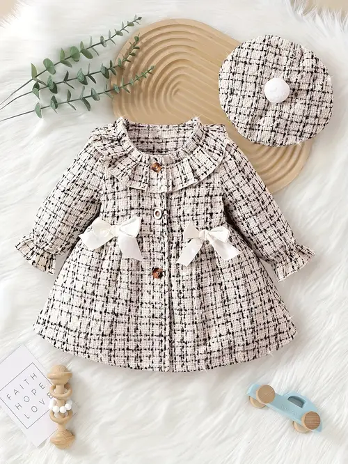 1pc Girls' Elegant Plaid Bow & Ruffled Collar Long Sleeve Dress with…