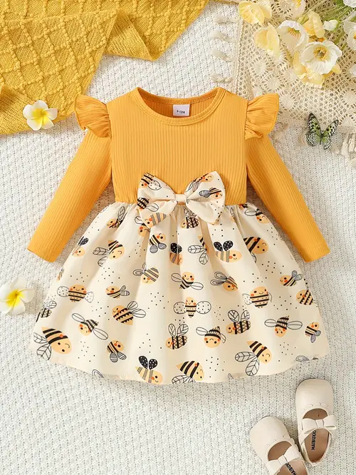 Girls' Red & White Ladybug Print Long Sleeve Dress with Pleated Hem -…