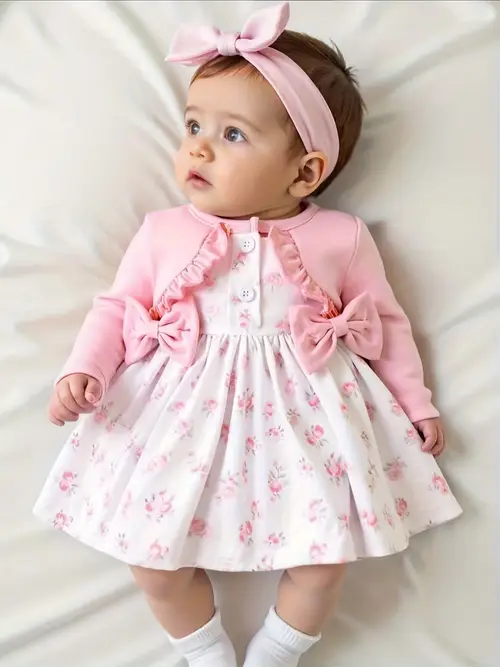 Baby Girl'S Floral Print Long Sleeve Dress with 3D Bow Detail - Soft…