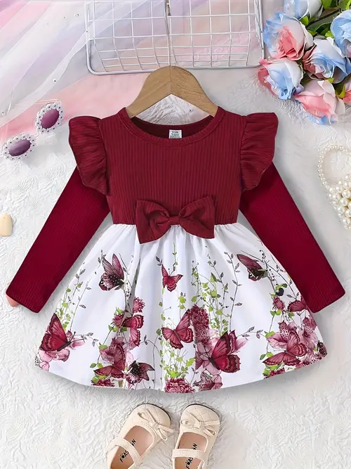 Girls' Knitted Ruffle Sleeve Floral Print Dress with Butterfly Print,…