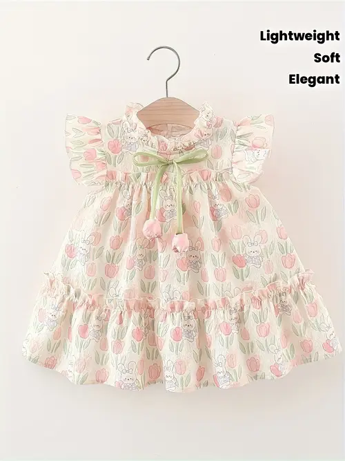 Girls' Summer Floral Princess Dress with Ruffle Sleeves & Bow Detail…