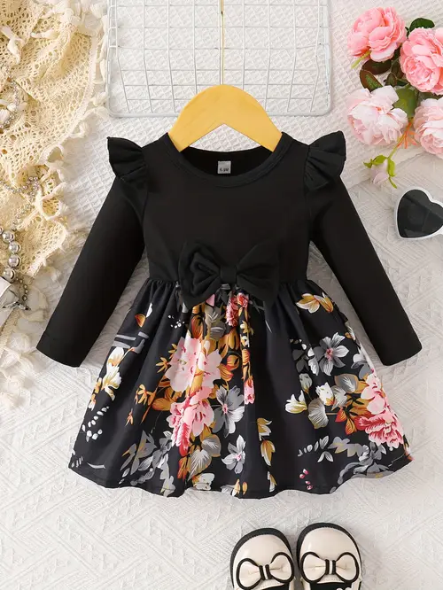 Girls' Floral Print Puff Sleeve Dress with Ruffled Shoulders - Black…