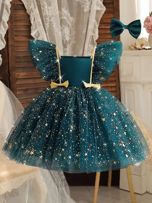 Charming Girls' Pink Princess Dress with Sparkling Star Sequins, Flut…