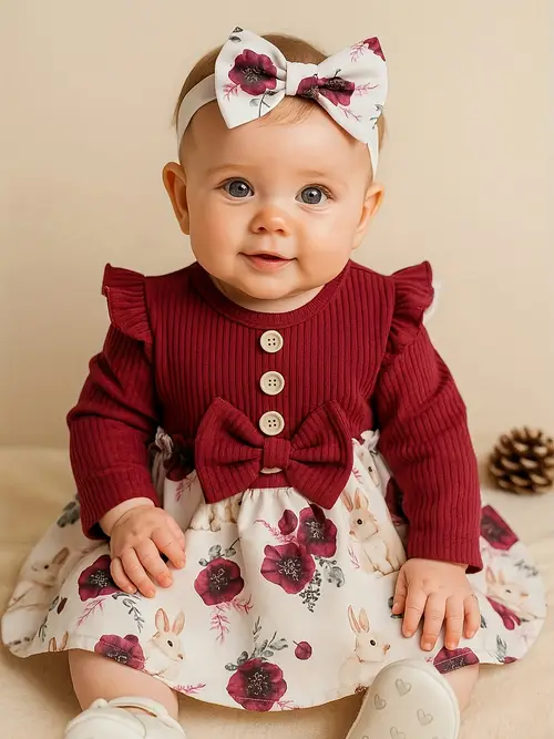 2pcs Baby Floral Bowknot Decor Long Sleeve Dress with Headband - Cute…
