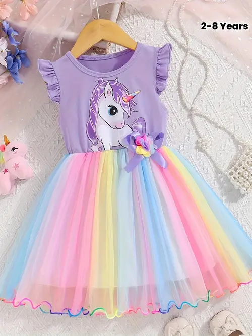 ' Unicorn & Rainbow Mermaid Dress with Ruffled Skirt & Bow - Pastel M…