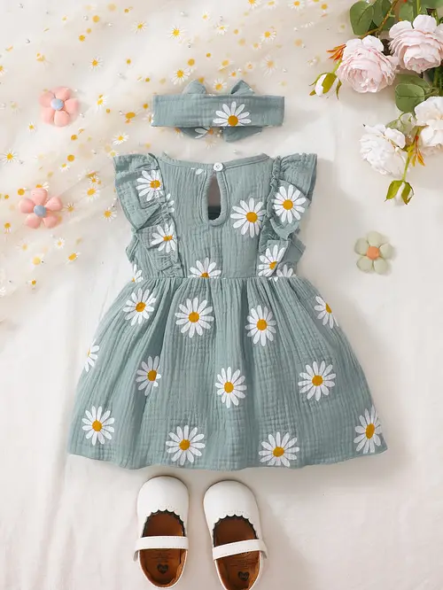 2pcs Girls' Summer Cute Daisy Sleeveless Dress + Headscarf Set, Casua…
