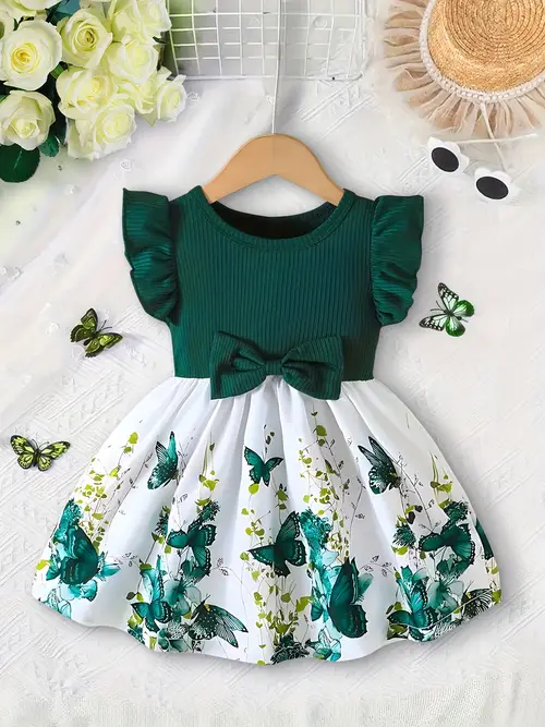 Girls' Casual Dress with Cute Butterfly Pattern - Green Ruffled Sleev…