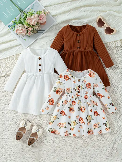 Girls' Floral Print Long Sleeve Dress Set - Soft Pastel Purple & with…