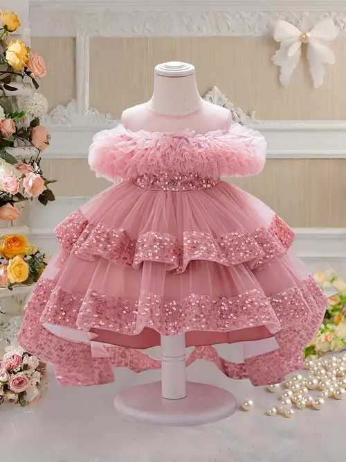 Measuring Front Skirt, Girl's Pink Sequin Dress with Multi-Layered Ru…