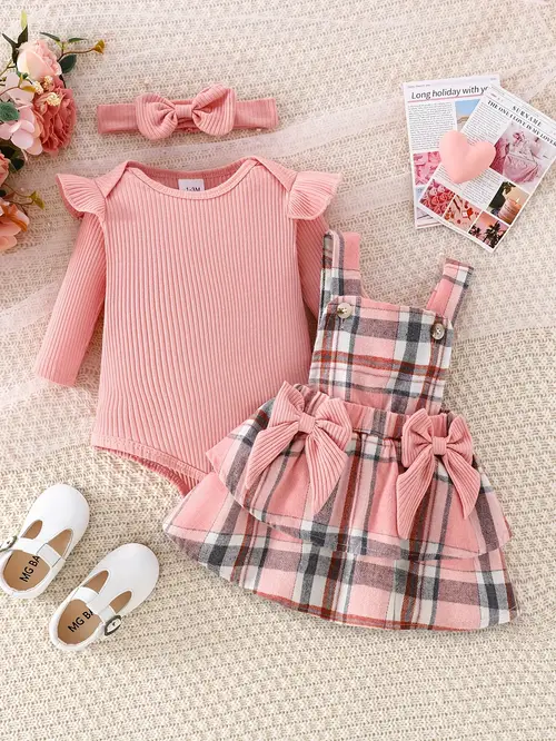 3pcs Girls' Elegant Plaid & Bow Dress Set with Ruffled Sleeve & A-Lin…
