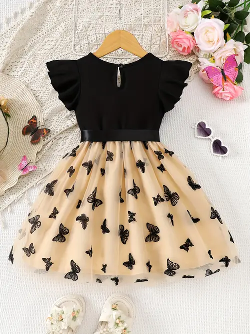 1pc Girls' Casual Polyester Dress with Butterfly Tulle Overlay, Ruffl…