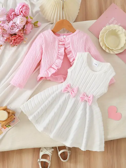 2pcs Girls' Solid Color Jacket and Ribbed Striped Sleeveless Bow Dres…