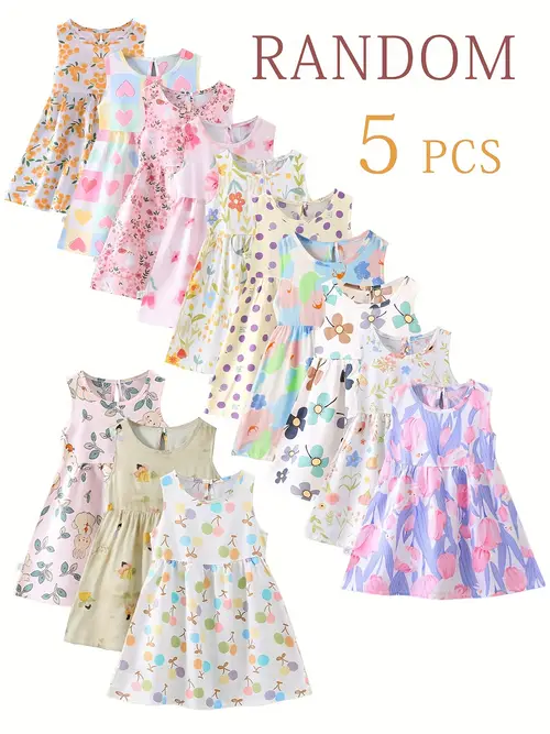 Random 5pcs - Kids' Summer Fashion Dresses, New Girls' Beachwear Tank…