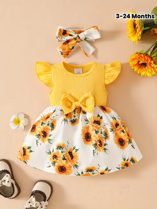 Yellow Ruffle Sleeve & Floral Print Dress with Matching Headband Set…