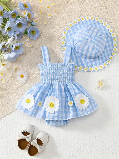 2pcs Girls' Plaid Print Halter Neck Triangle Daisy Embroidery Dress +…