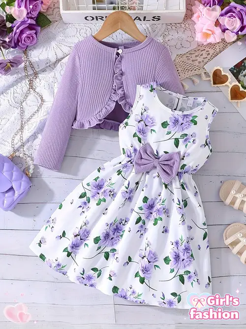 2pcs Girls' Elegant Floral Print Bow Detail Sleeveless Round Neck Dre…