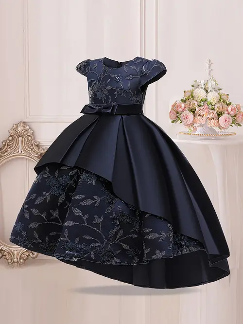 Elegant Girls' Sleeveless Gown with Butterfly Bow - Beige Floral Part…