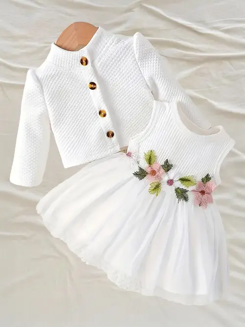 Girl'S Casual Embroidered Floral Dress And Jacket Set, for Outdoor