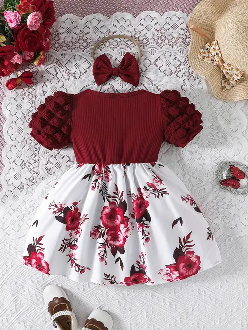 Baby Girl'S Sweet Romantic Print Bubble Sleeve Short Sleeve Dress wit…