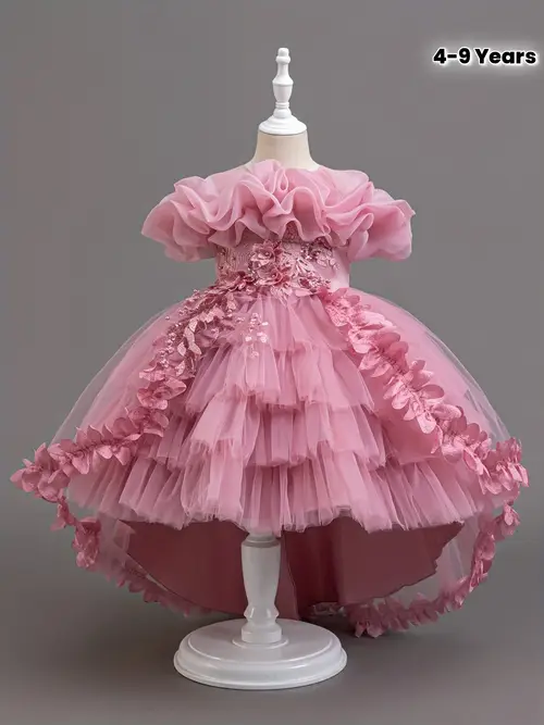 Elegant Red Tulle Princess Dress with Floral Embellishments - Long Sl…