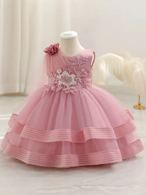 Girls' Elegant Floral Princess Dress with Ruffled Sleeves & Layered S…