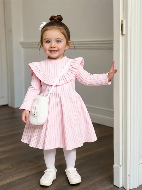 Autumn-Winter Thin Ribbed Texture Girls' Dress and Skirt Set