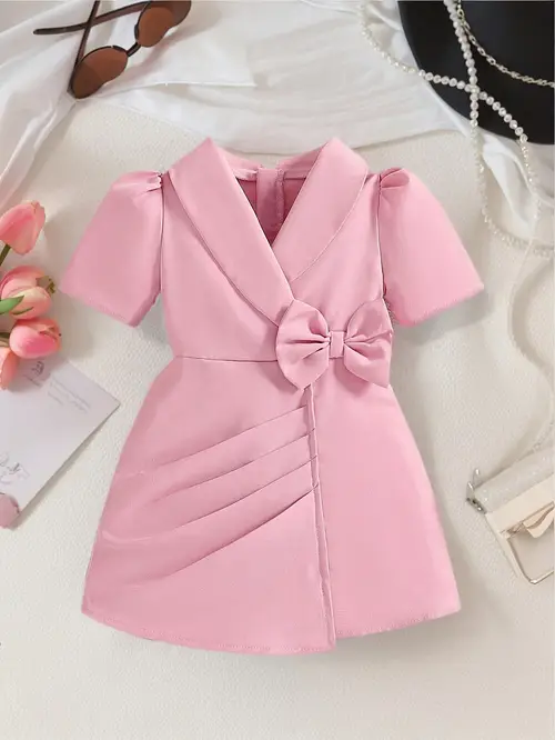 Baby Girl'S Sweet Princess Dress with Short Sleeves, V-Neck Bow Detai…