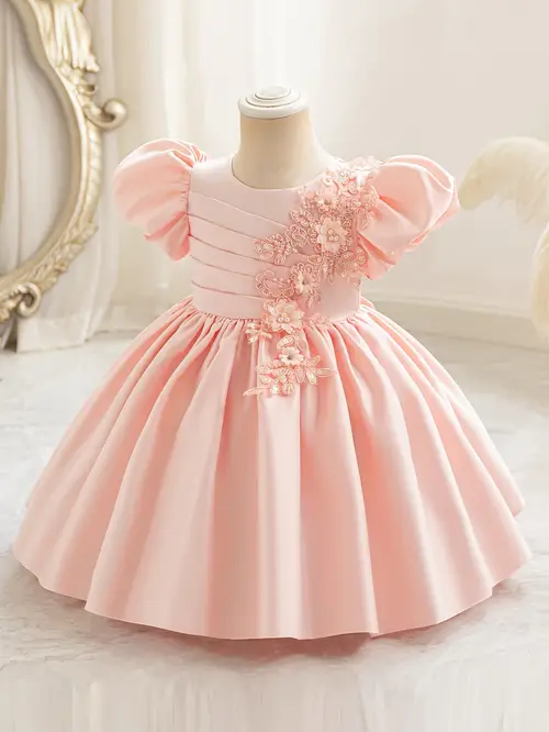 Baby's Elegant Beaded Flower Applique Puff Sleeve Gown Dress, Toddler…