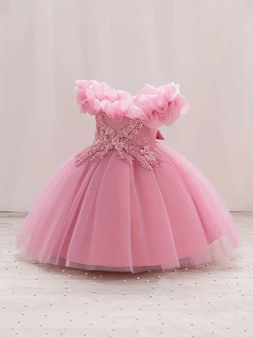Girls' Pink Off-the-Shoulder Wedding Dress with Puff Sleeves & Ruffle…
