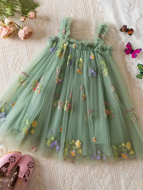 Elegant Floral Embroidered Tulle Dress for Girls - Sleeveless Summer…